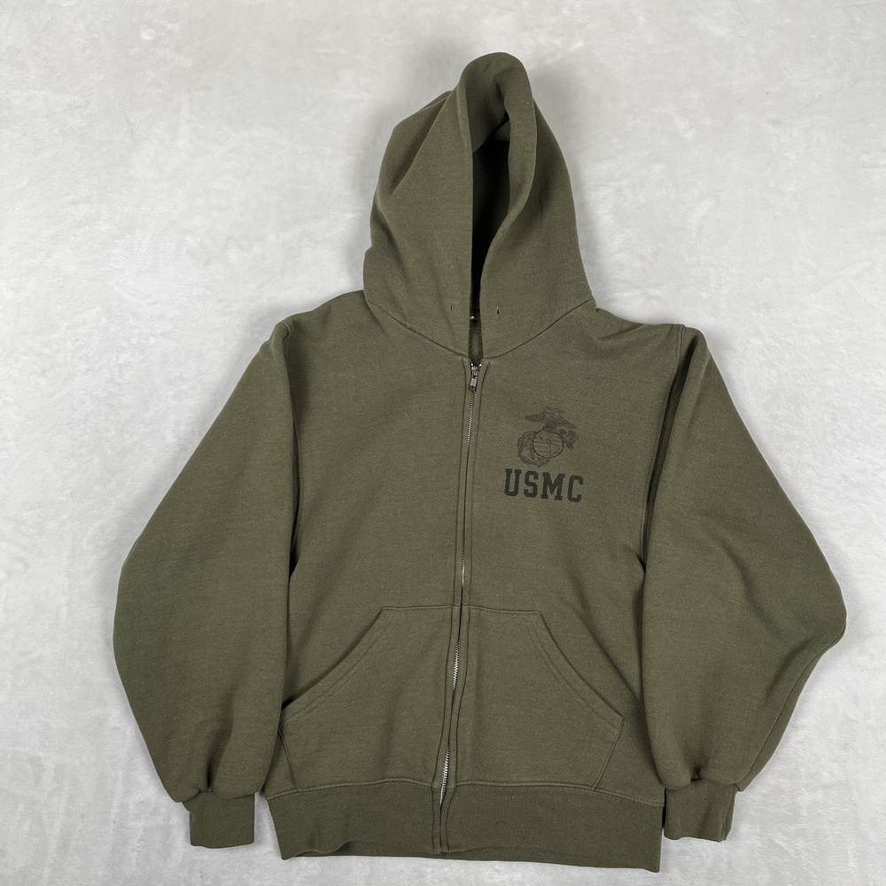 Vintage USMC Marine Corps Hoodie Mens Small Green Full Zip Fleece Sweatshirt